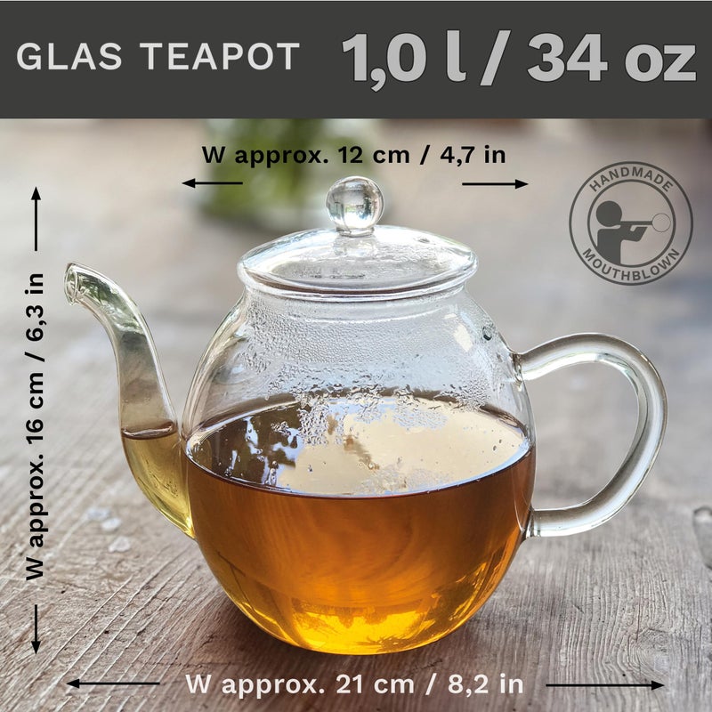 Creano glass teapot 34oz (1000ml), tea maker with integrated stainless steel strainer and glass lid, ideal for preparing loose teas, drip-free, all-in-one - Image 2